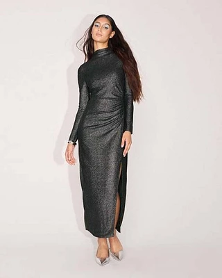 Long-Sleeve Mock-Neck Maxi Dress with Metallic Fibres