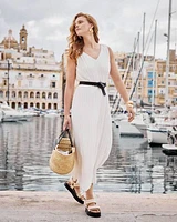 Pleated Sleeveless V-Neck Maxi Dress with Belt