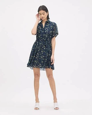 Short-Sleeve Buttoned-Down Chiffon Dress with Shirt Collar