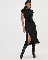 Black Cap-Sleeve Midi Dress with Slit at Front