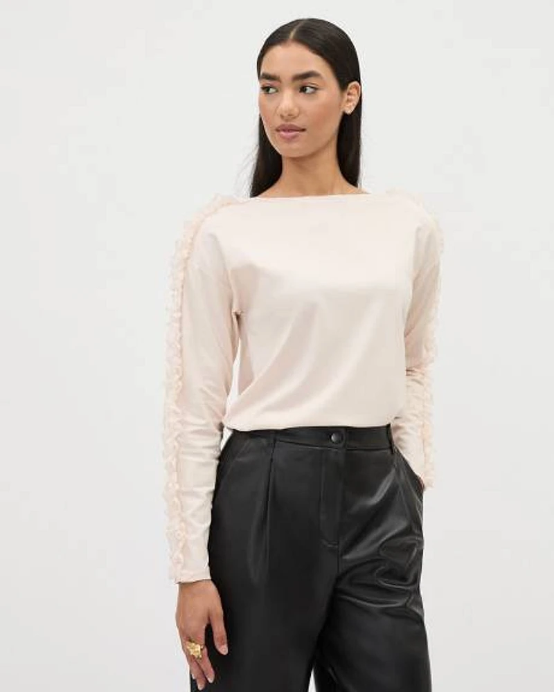 Long-Sleeve Boat-Neck Top with Ruffles