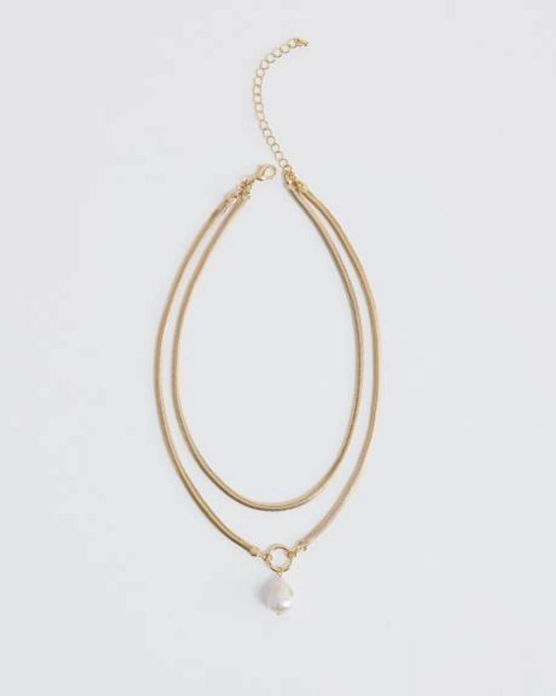 Double Snake Chain Short Necklace with Pearl Pendant