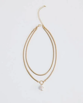 Double Snake Chain Short Necklace with Pearl Pendant