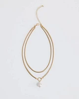 Double Snake Chain Short Necklace with Pearl Pendant