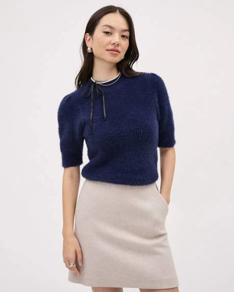 Elbow-Sleeve Mock-Neck Feather-Yarn Pullover