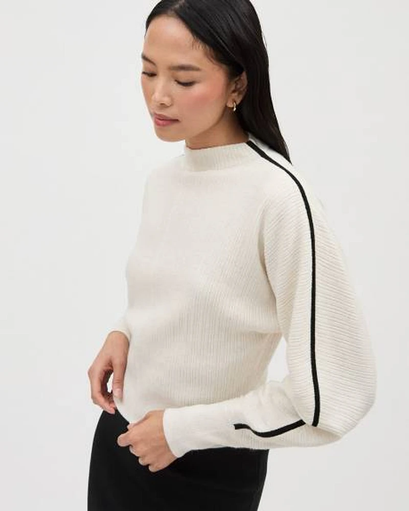 Long-Dolman-Sleeve Mock-Neck Ribbed Sweater