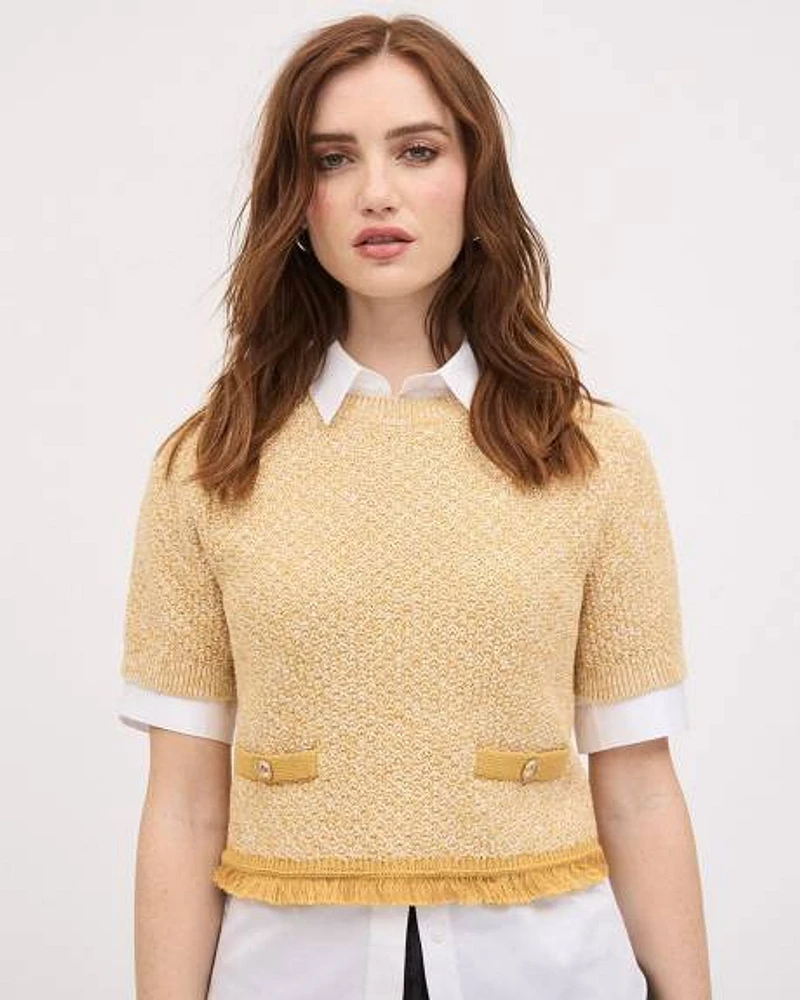 Short-Sleeve Crew-Neck Cotton Sweater