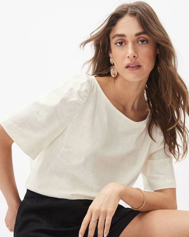 Short-Sleeve Popover Linen Blouse