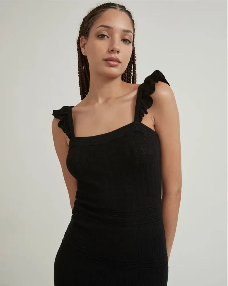 Fancy Stitch Sleeveless Dress with Frilled Shoulders