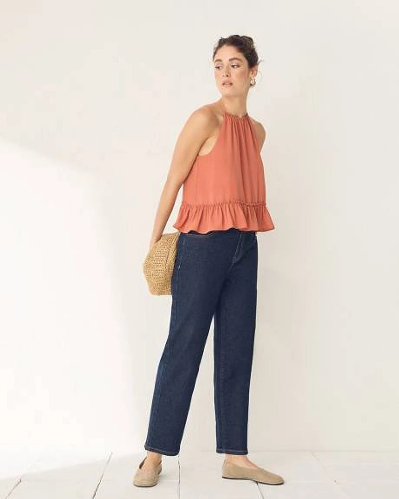 Sleeveless Halter-Neck Top with Ruffled Hem