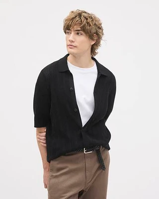 Short-Sleeve Buttoned-Down Sweater with Shirt Collar