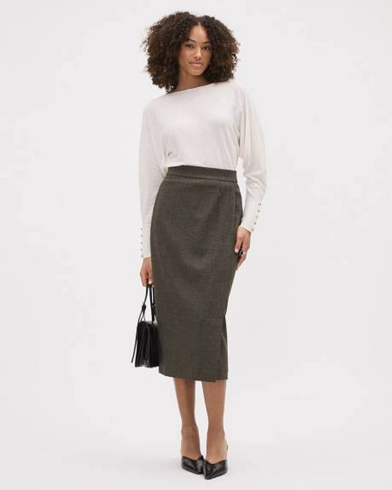 Tweed Pencil Midi Skirt with Wrap Detail