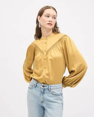 Blouse Boutonnée à Manches Longues Bouffantes et Motif Oeillets