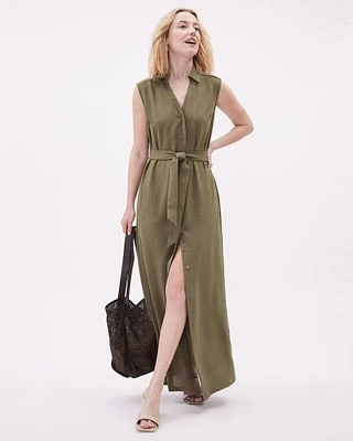 Buttoned-Down Sleeveless Straight Maxi Dress with Shirt Collar