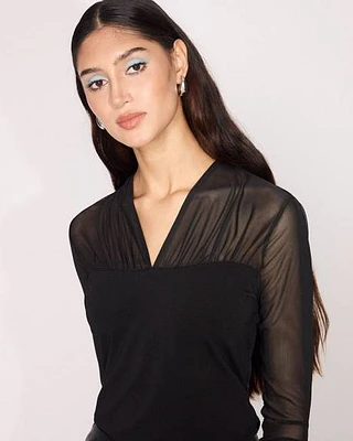 Sheer-Long-Sleeve V-Neck Top