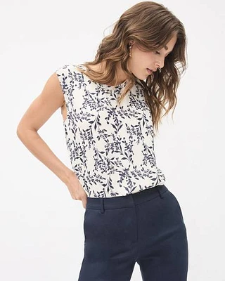 Printed Cap-Sleeve Crew-Neck Silky Crepe Blouse