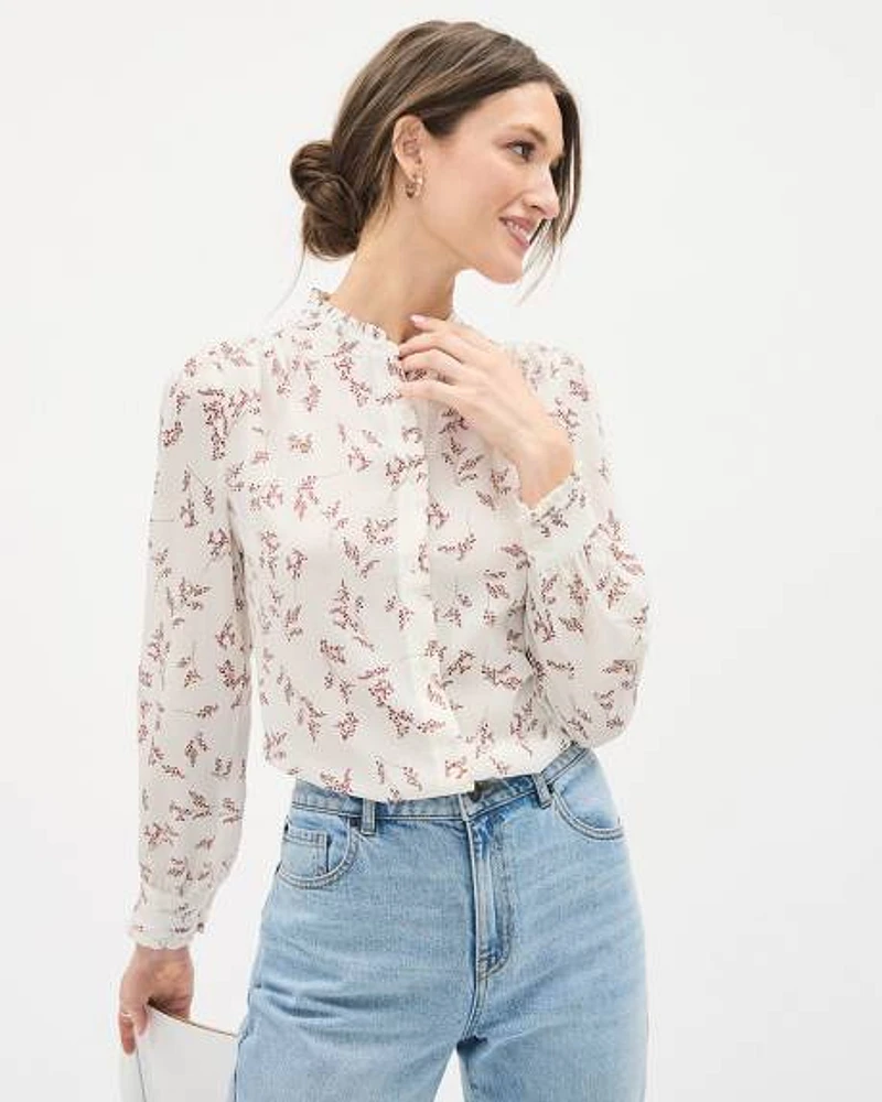 Silky Crepe Long-Sleeve Buttoned-Down Blouse