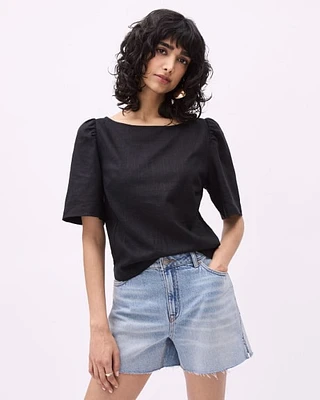 Short-Sleeve Popover Linen Blouse