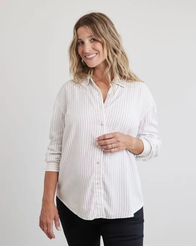 RW&CO. - Striped Long-Sleeve Buttoned-Down Blouse Thyme Maternity Snow White  Stripe Multi