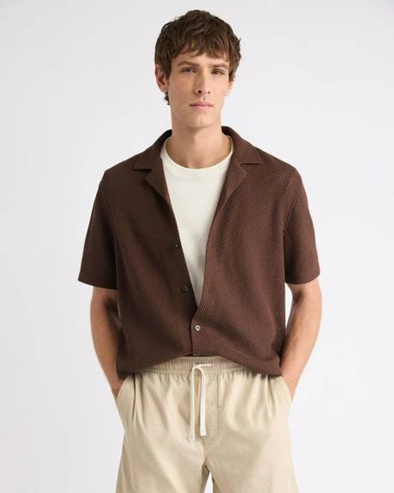Short-Sleeve Open-Stitch Shirt with Camp Collar