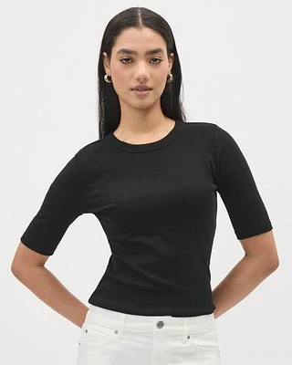 T-Shirt Ajusté à Manches aux Coudes et Col Rond