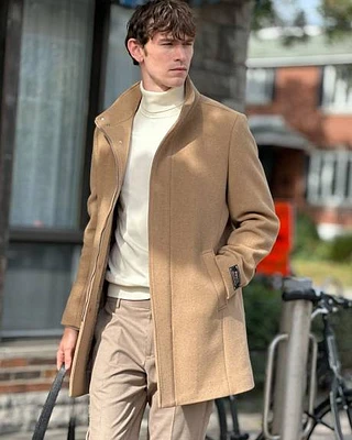 Manteau Classique en Laine Unie à Col Montant avec Plastron