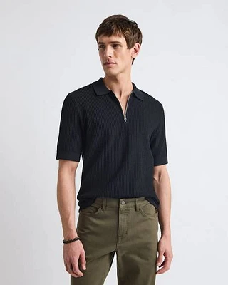 Short-Sleeve Half-Zip Textured Sweater with Shirt Neckline