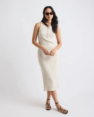 Robe Midi Côtelée Sans Manches à Col Rond Patte Boutonnée
