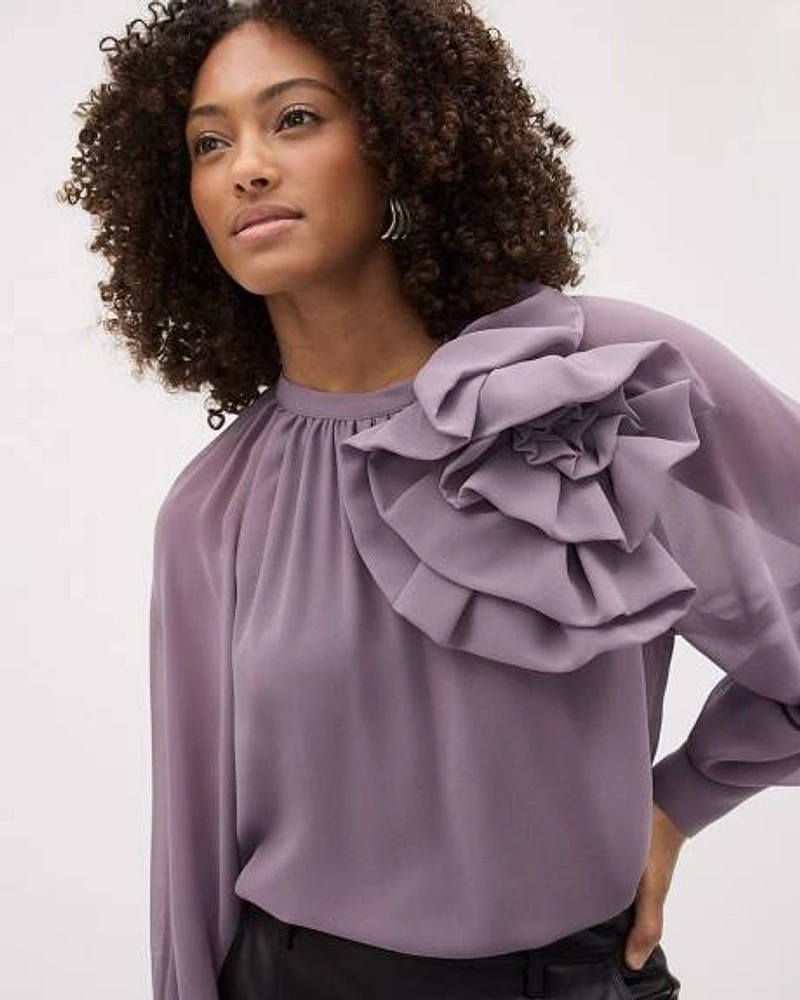 Long-Puffy-Sleeve Mock-Neck Blouse with Bold Flower