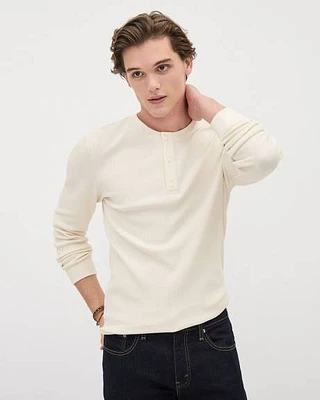 Long-Sleeve Henley Waffled Sweater