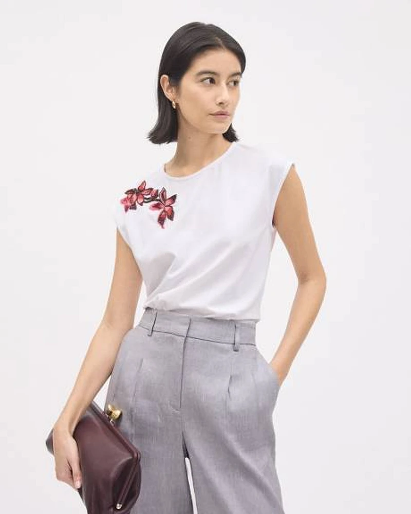 Extended-Sleeve Crew-Neck Top with Flower Embroidery
