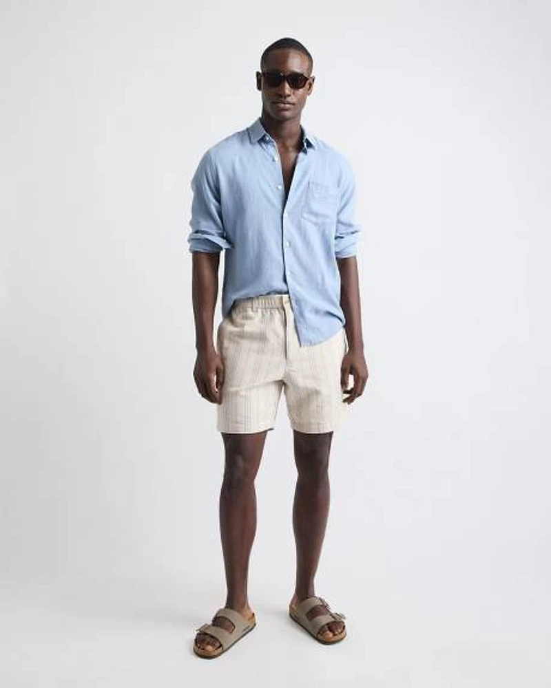 Short Rayé en Mélange de Lin à Taille Élastique