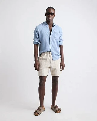 Short Rayé en Mélange de Lin à Taille Élastique