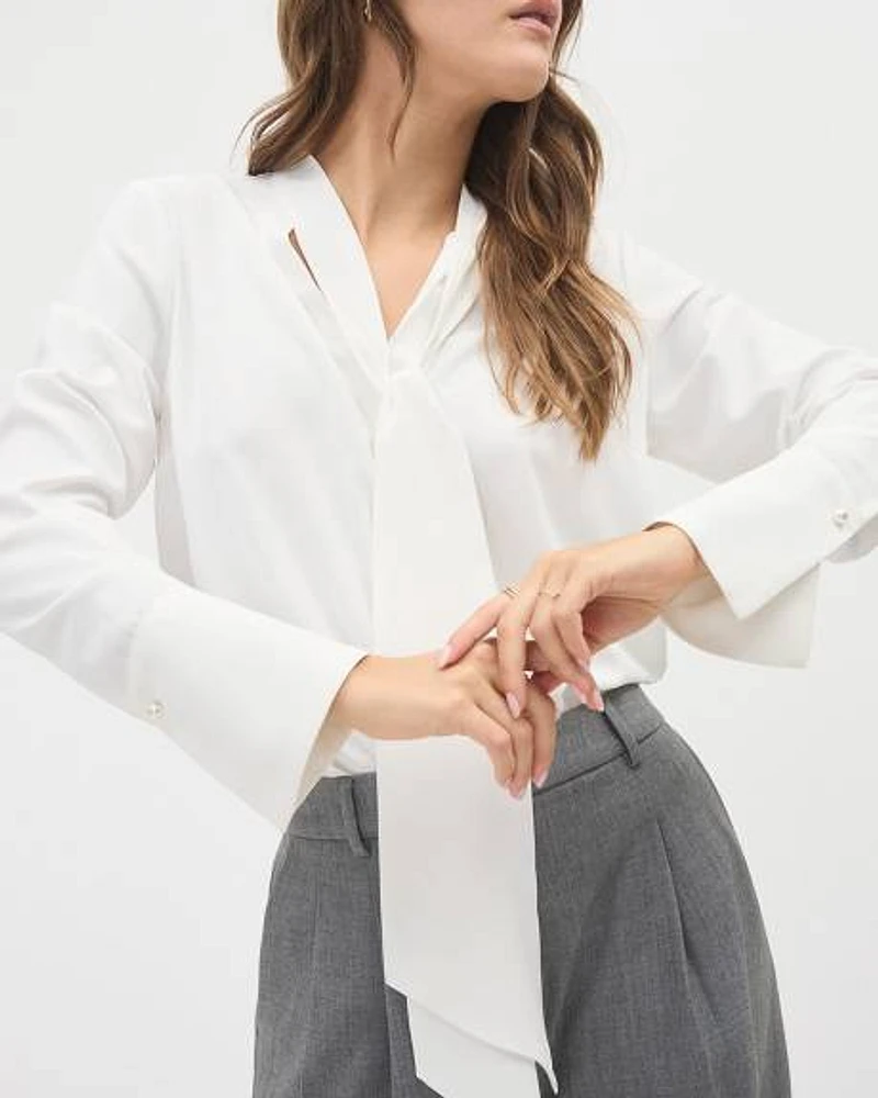 Long-Sleeve Buttoned-Down Blouse with Ribbon at Neckline