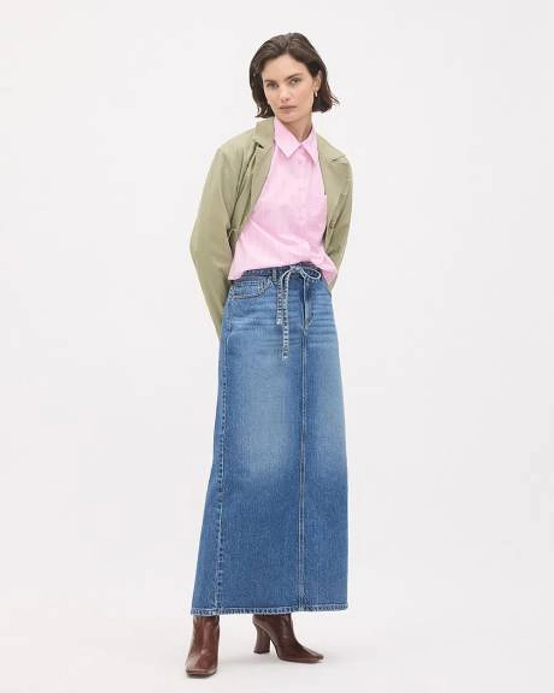 Maxi Medium-Wash Denim Skirt with Back Slit