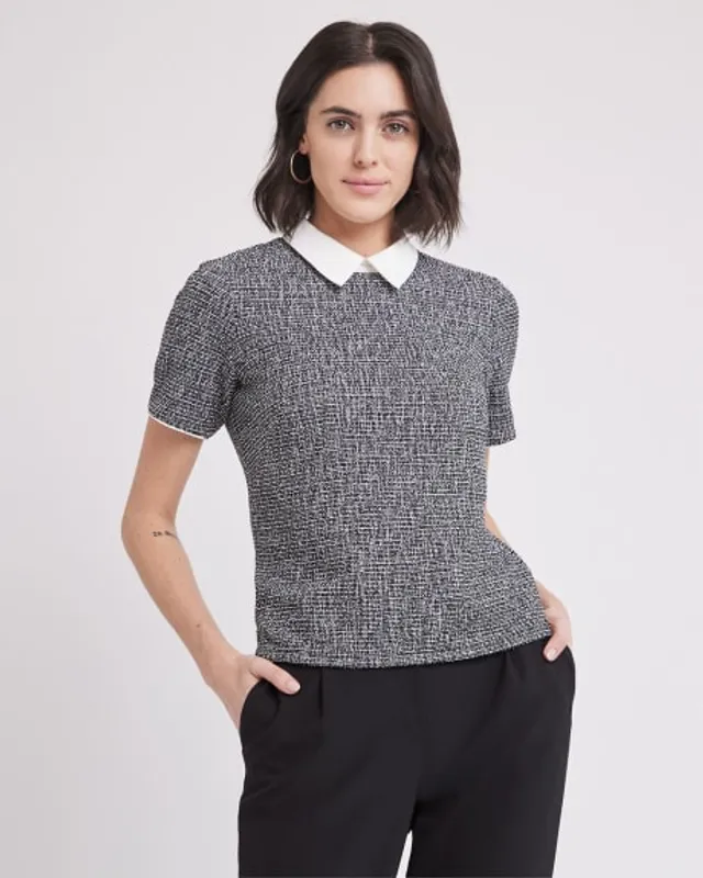 RW&CO. - Short-Sleeve Top with Shirt Collar - Black Multi - XXS