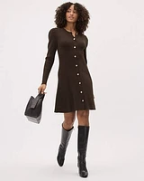 Long-Sleeve Fit and Flare Buttoned-Down Ribbed Dress