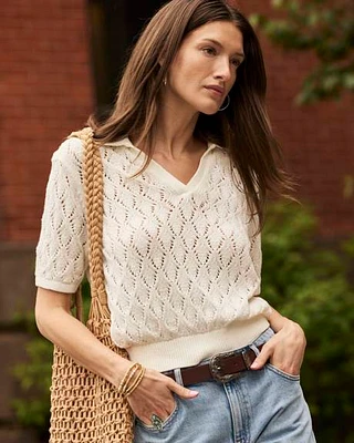 Elbow-Sleeve Crochet Polo Sweater