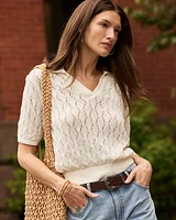 Elbow-Sleeve Crochet Polo Sweater