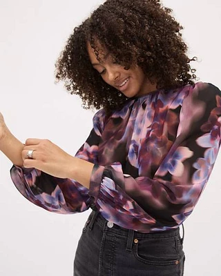 Long-Sleeve Crew-Neck Sheer Floral Blouse