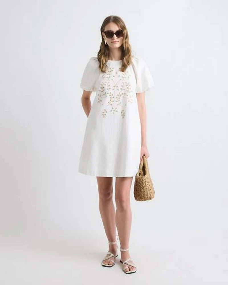 Short-Sleeve Crew-Neck Straight Mini Dress with Embroidery