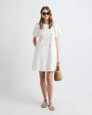 Short-Sleeve Crew-Neck Straight Mini Dress with Embroidery