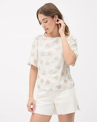 Short-Sleeve Popover Linen Blouse with Floral Pattern