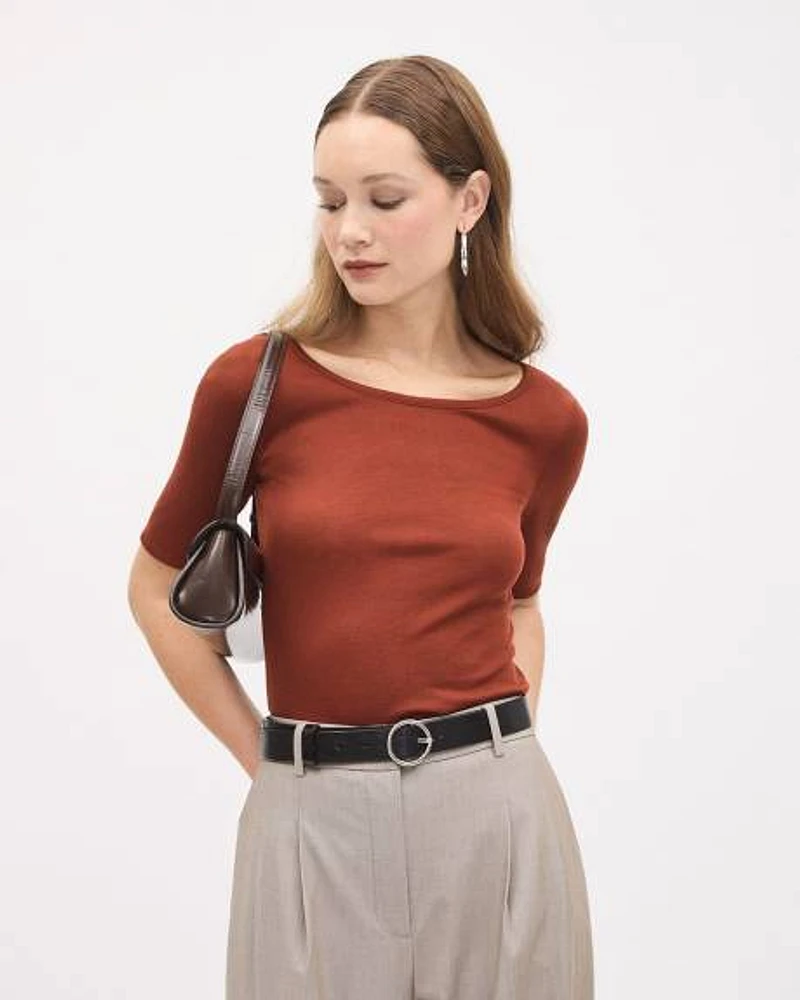 Elbow-Sleeve Scoop-Neck Top