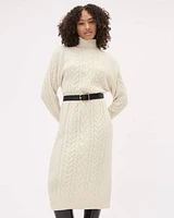 Long-Sleeve Turtle-Neck Straight Midi Dress with Cable Stitches