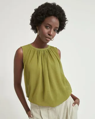 Crinkle Bi-Fabric Sleeveless Crew-Neck T-Shirt