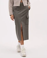 Straight Flannel Midi Skirt with Cargo Pockets