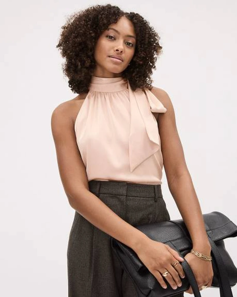 Sleeveless Halter-Neck Satin Blouse with Self-Tie