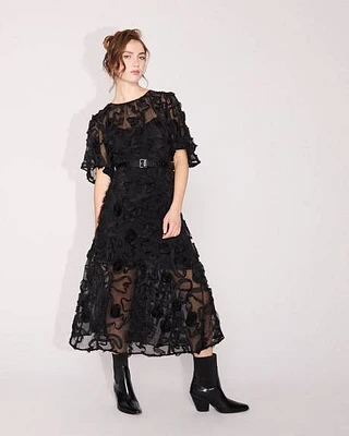 Short-Flutter-Sleeve Fit and Flare Chiffon Dress