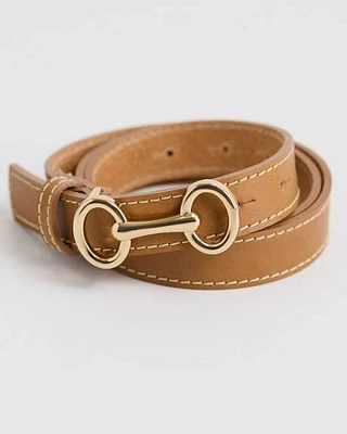 Leather Belt with Golden Buckle and Contrast Stitches